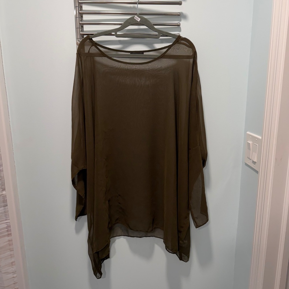 Millau Sheer Chiffon Oversized Poncho Blouse Olive Green One Size Layering Top